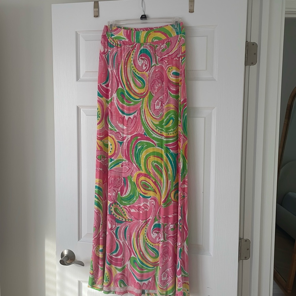 Lilly Pulitzer Marnie Skirt All Nighter Pink long Flamingo Print Pull On Size S